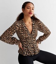 New Look Brown Leopard Print Glitter Long Sleeve Peplum Blouse